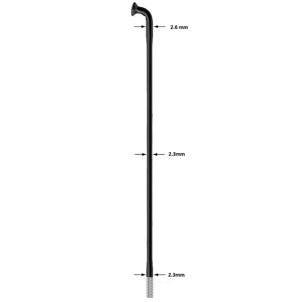 Sapim E Strong Black spokes 12 guage 2.6mm at the shoulder 13g/2.3mm at the nipple